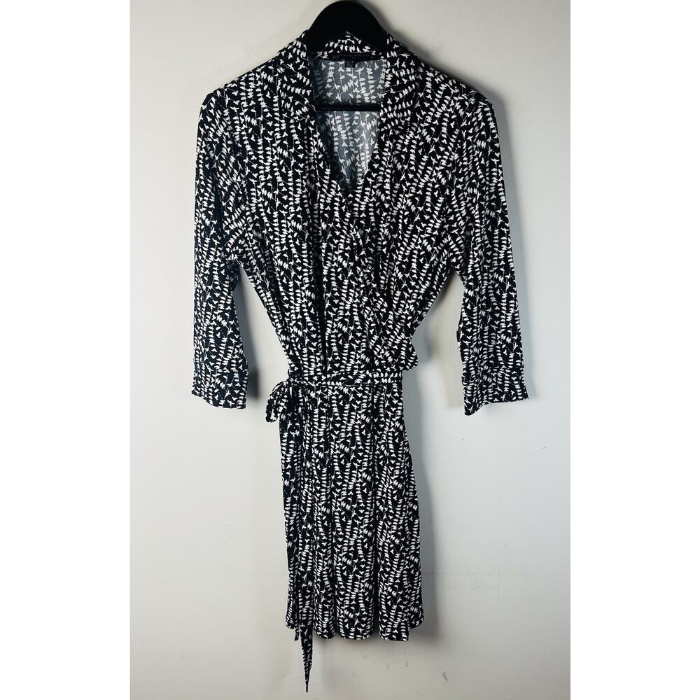 Brooks Brothers 346 Dress XLP Black White Bird Print Faux Wrap Stretch Knit